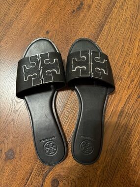Tory Burch Black Slide Sandals with Embossed Logo